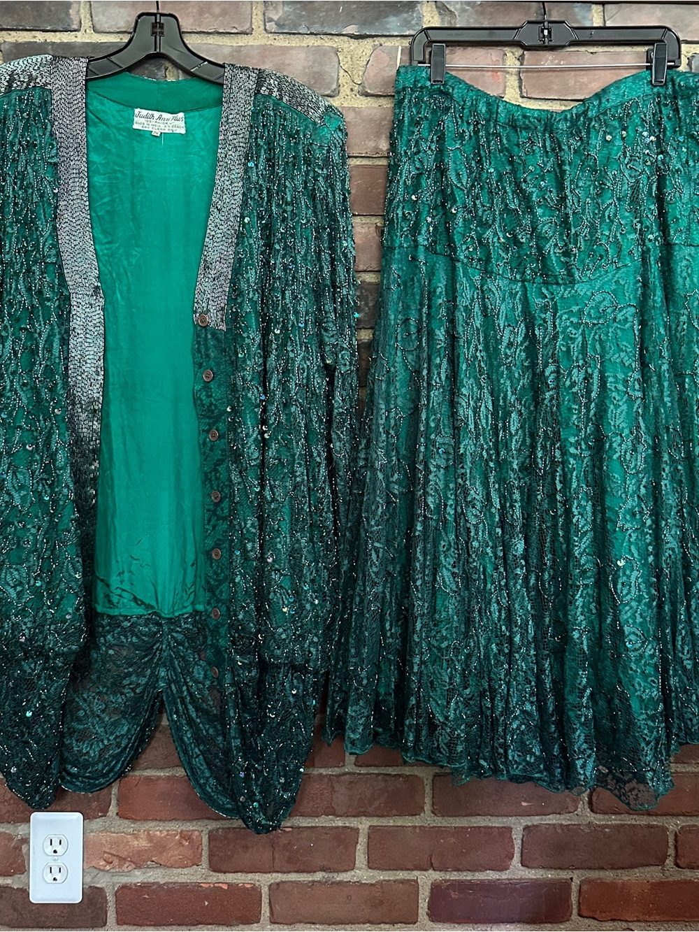 Judith Ann Creations emerald green jacket &  skirt heavily beads sequins plus 2X